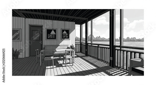 Black and White Flat Cartoon Illustration of Outdoor Patio with Table, Chairs, and Bench, Dramatic Lighting