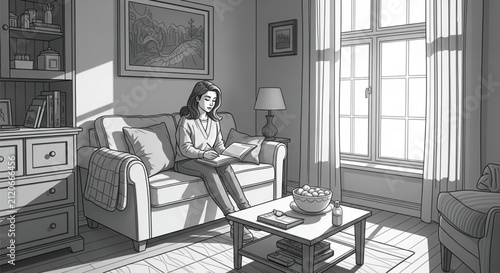 Black and White Flat Cartoon Illustration: Woman Writing on Sofa with Sunlight and Bookshelf