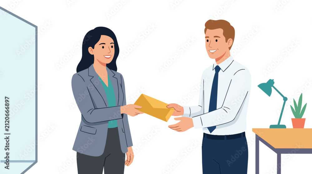 Fototapeta premium Corporate document hand-off and office recruitment process flat vector illustration for professional human resources communication