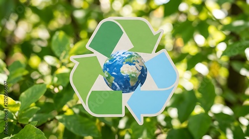 Environmental protection concept with recycle symbol and earth globe against blurred green leaves