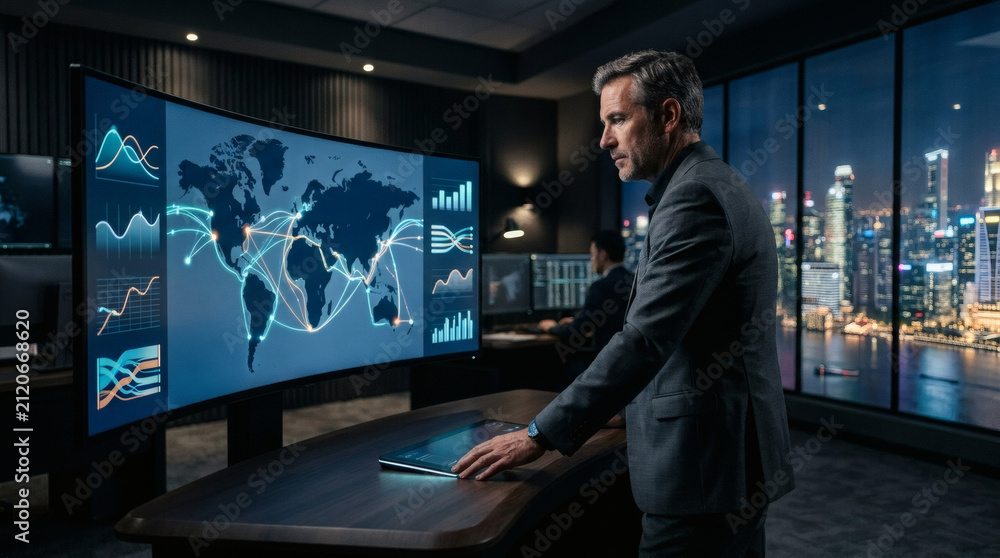 Fototapeta premium Logistics optimization manager tracking maritime global shipping network anomalies on big screen, cargo distribution risk dashboard, dark corporate command center