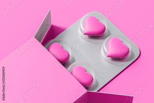 Heart-shaped pink pills in blister pack partially inside pink box on pink background, symbolizing love as medicine concept. 3D Rendering. 3D Rendering