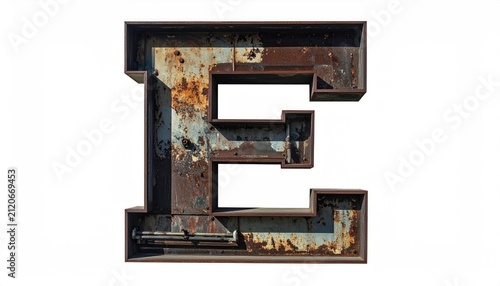 Rusty Industrial Letter E Outdoors on White Background