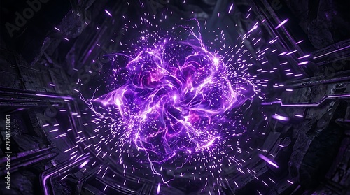 Futuristic Purple Energy Blast and Plasma Discharge in a Sci-Fi Reactor Core with Glowing Sparks