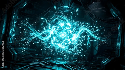Futuristic Glowing Blue Energy Core Heart in Sci-Fi Laboratory High-Tech Fusion Reactor Power Cell