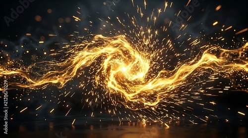 Abstract golden fire swirl with glowing sparks and luminous particle trails on dark background