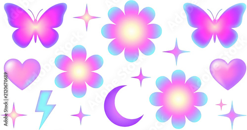 A collection of vibrant holographic stickers featuring pink and blue butterflies daisy flowers puffy hearts glowing stars a lightning bolt and a crescent moon in a retro y2k style aesthetic