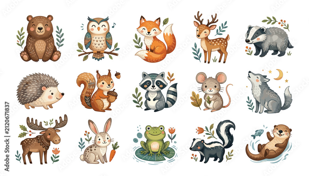 Obraz premium Cute woodland animals collection vector illustration featuring adorable forest wildlife characters isolated on a solid white background.