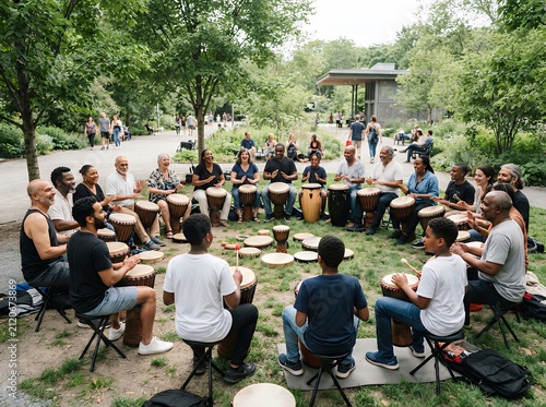 Diverse group of people playing drums in a park circle.