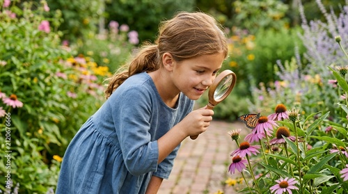 Young girl examining flowers with a magnifying glass in a garden.