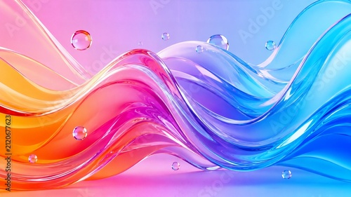 Abstract 3D Glass Liquid Waves with Vibrant Gradient Colors, Modern Glassmorphism Background Design