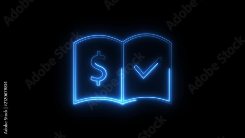 Neon blue outline of open book with dollar sign and checkmark symbol on black background.