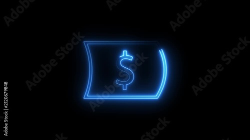 Neon blue outline dollar bill icon animation isolated on black background for motion graphic.