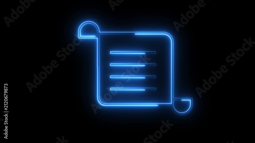 Neon document icon glowing in blue light for business data reports or digital education.