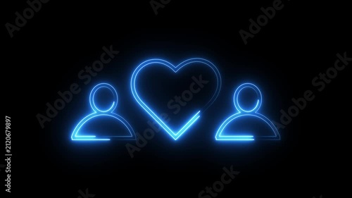 Neon blue heart symbol glowing between two human silhouettes in dynamic animation footage.