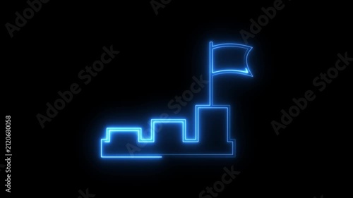 Neon line art animation of business goal icon showing steps with flag on black background.