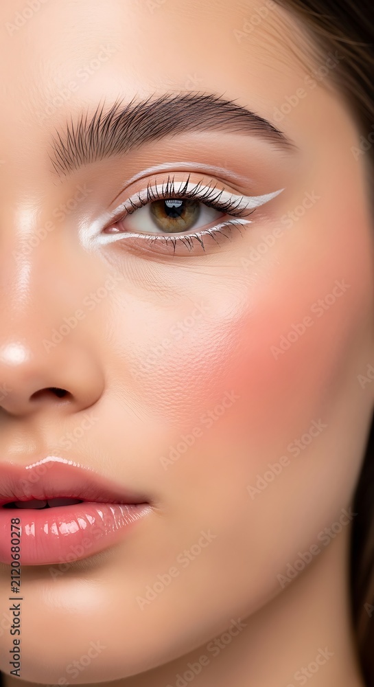 Naklejka premium Close Up Beauty Portrait of Young Woman with White Eyeliner and Glossy Lips