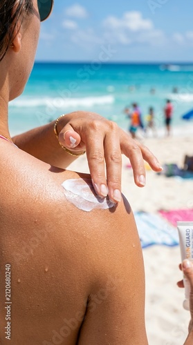 Woman applying sunscreen on shoulder at the beach with ocean background.