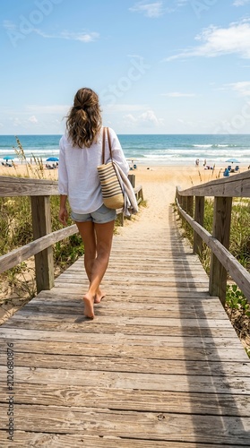 Woman walking on wooden boardwalk towards the beach on a sunny day.