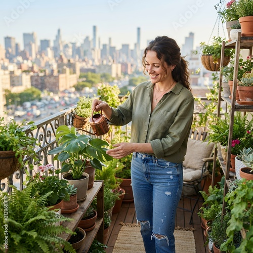 Woman watering plants on a city balcony with skyline view.