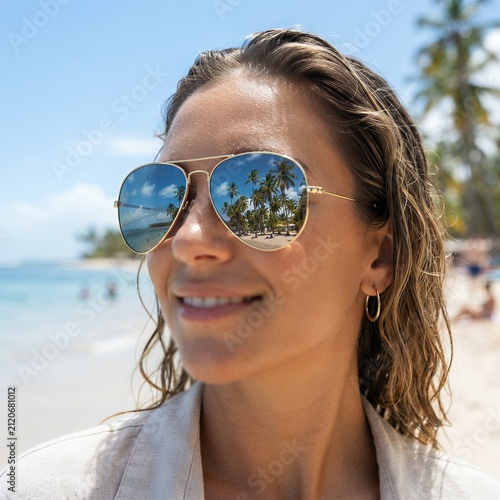 Woman Wearing Aviator Sunglasses Reflecting Tropical Beach Scene.