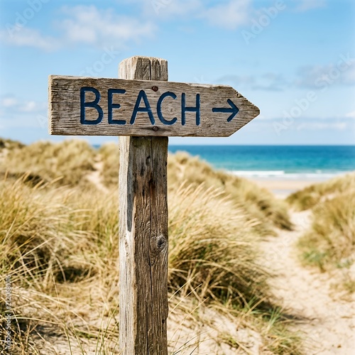 Wooden Beach Signpost Pointing Towards the Ocean and Sandy Dunes.