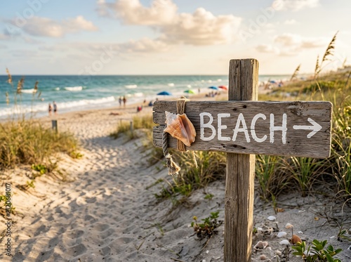 Wooden Beach Sign with Arrow and Seashell Leading to Ocean Shoreline.