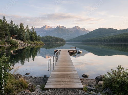 Wooden Pier on Calm Lake with Mountain Reflection at Sunrise.