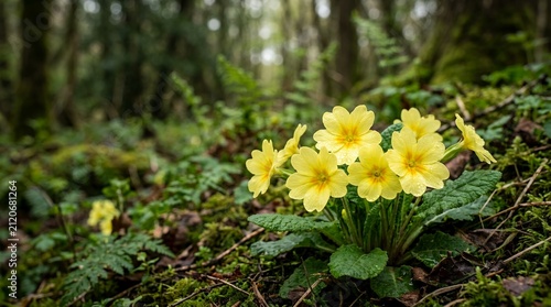 Yellow primrose flowers blooming in a lush green forest with moss and ferns.