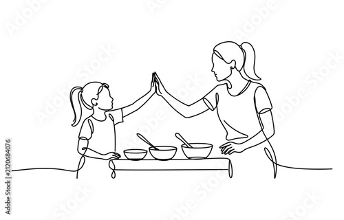 Continuous single line drawing of a mother and daughter giving high five while cooking together in the kitchen