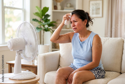 Middle aged woman experiencing a hot flash sitting on a couch near a cooling electric fan