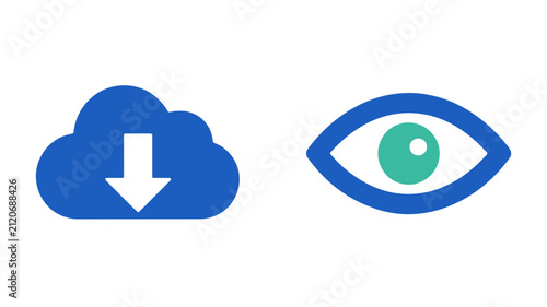 Blue cloud download symbol and eye view icon for online data access