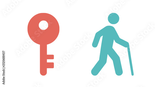 Senior care and accessibility icon featuring a key and an elderly person with a cane