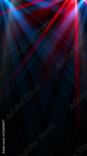 Colored spotlights cast sharp diagonal rays through darkness, blending cool blue, vivid red, and soft white light into an energetic stage atmosphere for clubs, festivals, live shows, and event intros.