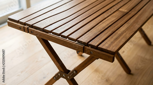 A high angle view of a handcrafted folding wooden table featuring slats and x-frame legs standing indoors on a bright light wood floor