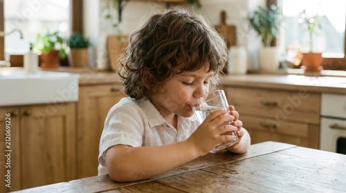 Little boy drinking water in kitchen. Child holding glass of fresh water at home.