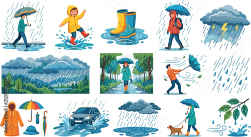 Принти на полотні Rainy Season Weather Vector Illustration Set Featuring People with Umbrellas Thu