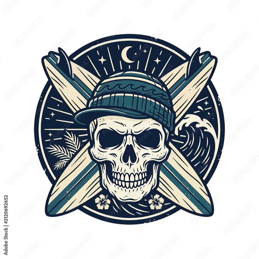 Fototapeta premium Skull Surfer Wearing Beanie with Crossed Surfboards Emblem
