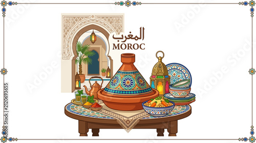 Fotografie Traditional Moroccan Cuisine with Tajine and Tea Illustration