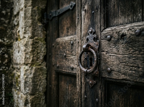Ancient wooden door with ornate metal knocker and stone wall.