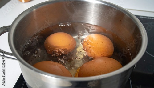 Four brown chicken eggs boiling in a metal pot.