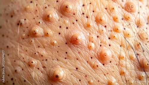 Extreme close up of human skin with severe acne and blackheads.