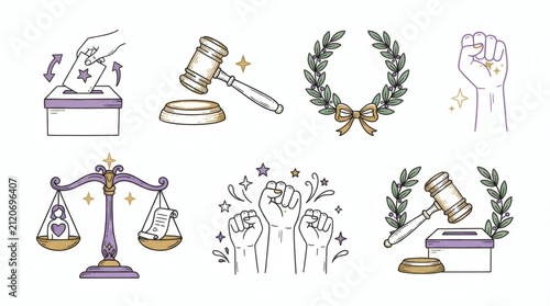 Set of hand drawn Womens Equality Day victory icons. Doodle drawings of voting ballots, law gavels, laurel wreaths, raised fists, and balance scales on background
