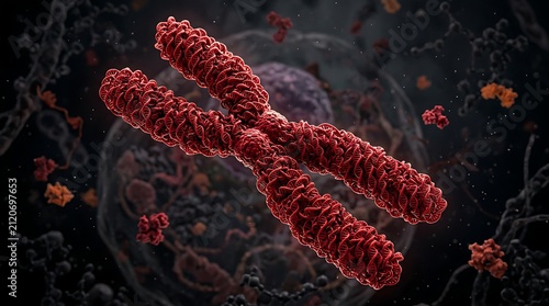 Detailed 3D Illustration of a Red Human Chromosome Structure Representing Genetic DNA and Heredity