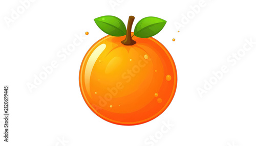 A vibrant, cartoon-style orange with two green leaves and water droplets on a black background.