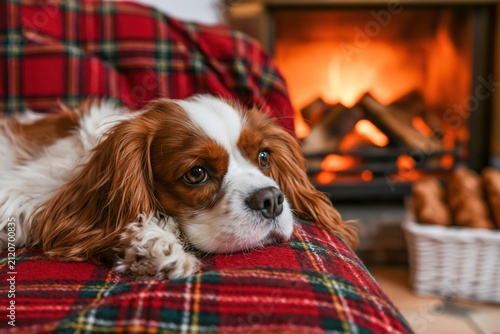Dog cavalier spaniel puppy resting on a cozy blanket by a warm home fireplace