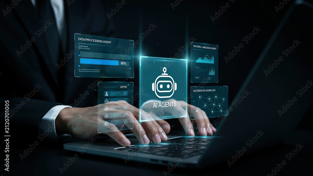 Fototapeta premium Businessman using AI software on laptop. Digital interface showing chatbot technology.