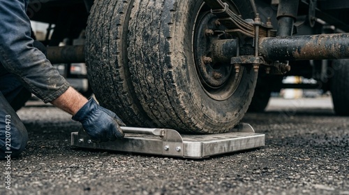 Worker sliding a portable wheel scale beneath a trailer axle