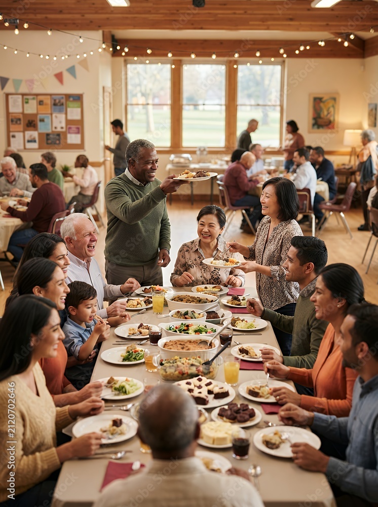Obraz premium Diverse group of people enjoying a communal meal together in a bright hall.
