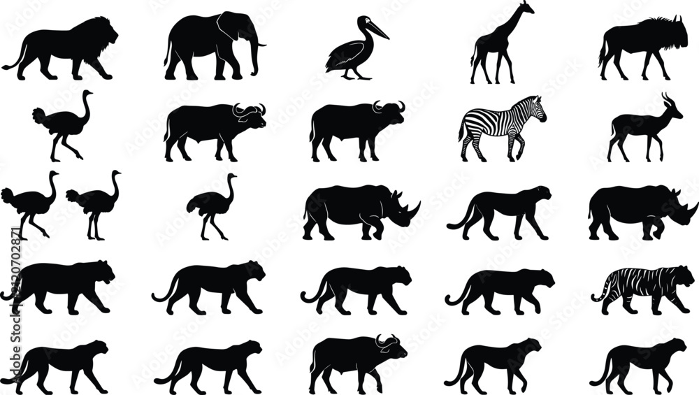 Fototapeta premium African safari wildlife and wild animals black silhouette icons set featuring lion tiger elephant giraffe zebra rhinoceros cheetah buffalo ostrich and pelican elements.